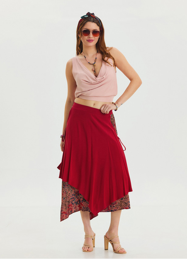 Red Asymmetrical Skirt with Elastic Waist and Tie Detail 4518